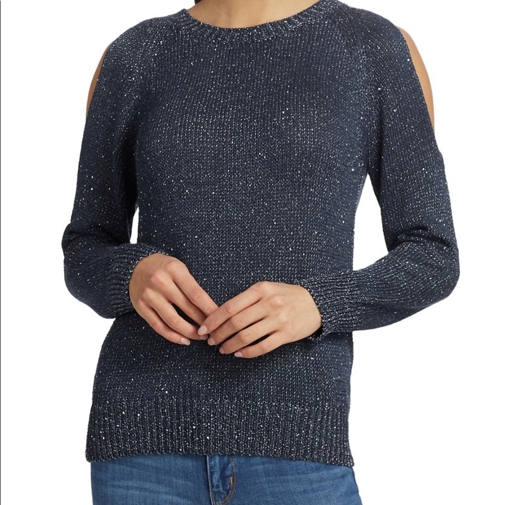 Saks Fifth Avenue Cold Shoulder Sparkling Sequin Blue Sweater, Size S